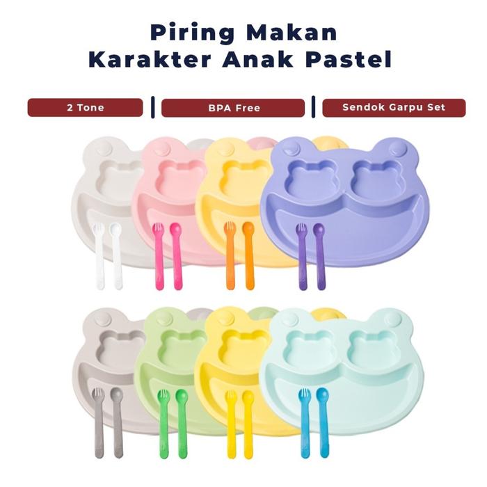ALT - Piring Makan Anak Karakter KODOK Smile Warna Pastel - Plastik 3 Sekat Bonus Set Sendok Garpu
