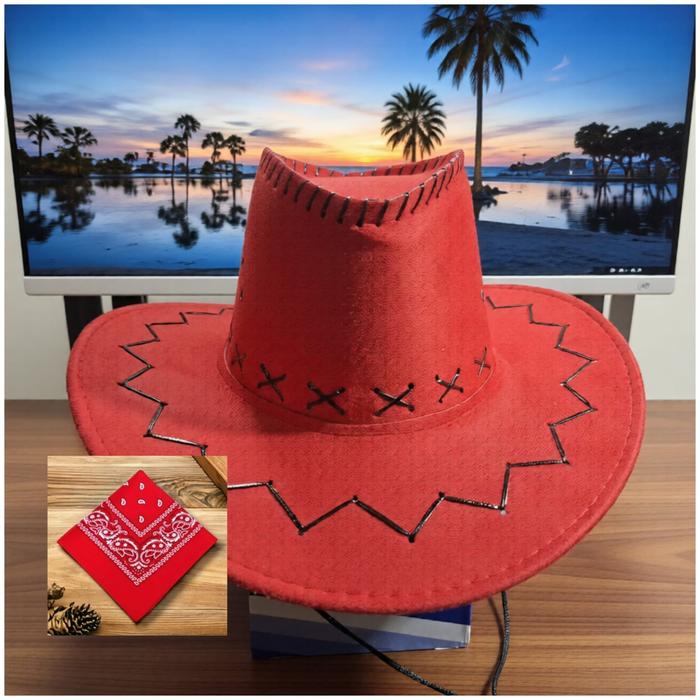 PAKET XTRA KOMPLIT 2 IN 1 TOPI COWBOY DEWASA + SCARF / SET TOPI KOBOY PRIA DAN WANITA Merah Pink Uku