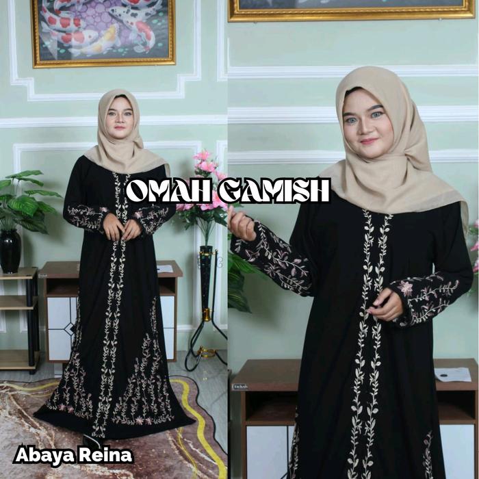 Abaya REINA full bordir daun jetblack hitam by anugerah berkah abaya