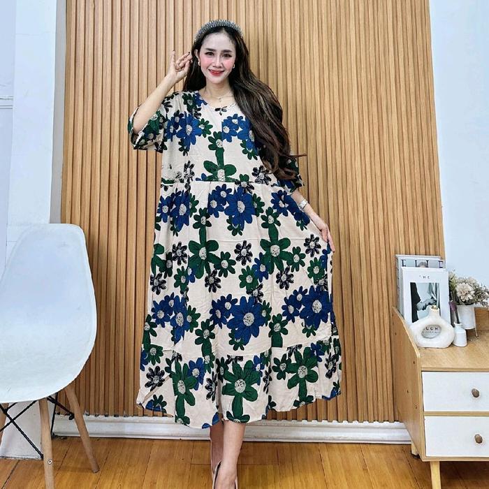 Daster Batik Jumbo Ld 140 Dress Maura Resleting Depan Bahan Rayon Premium Bumil Busui Nyaman