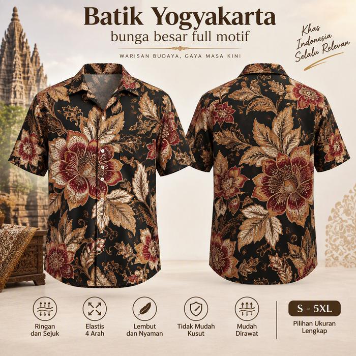 Kemeja Batik Pria Lengan Pendek Motif Bunga Besar Warna Hitam Cokelat Merah Kerah Rebah