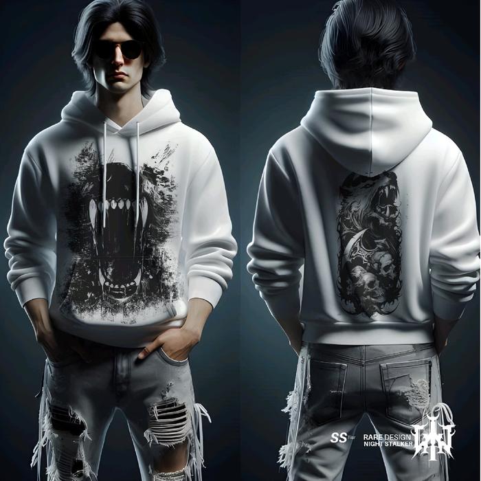 Gin -  Strilucra Hoodie Night Stalker Pria Wanita Motif Keren Fleece Putih