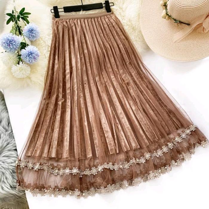 ROK TUTU RENDA MUTIARA PANJANG WANITA DEWASA RENDA MUTIARA KARET MELAR 220 MAYUNG BAWAHAN TERBARU ME