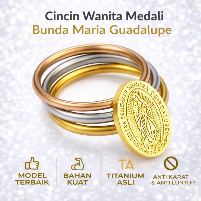 Cincin Wanita Katolik Medali Bunda Maria Guadalupe Titanium Anti Karat