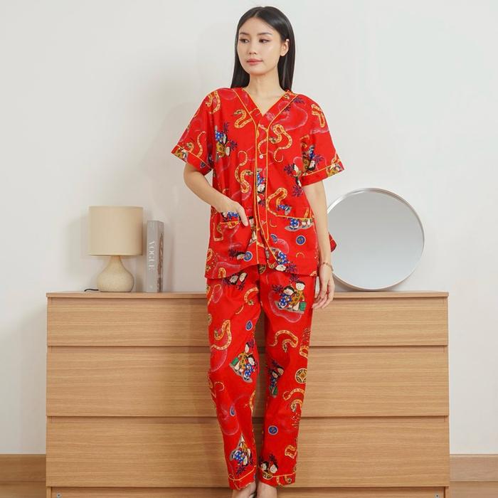 [WINGO] PIYAMA KATUN IMLEK SHIO ULAR NAGA MERAH BAJU TIDUR COUPLE KELUARGA IBU ANAK CP