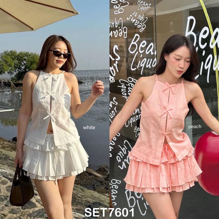 SET7601 Nayeon Ribbon Vest with Layered Mini Skort Set / Setelan Korea Vest Rok