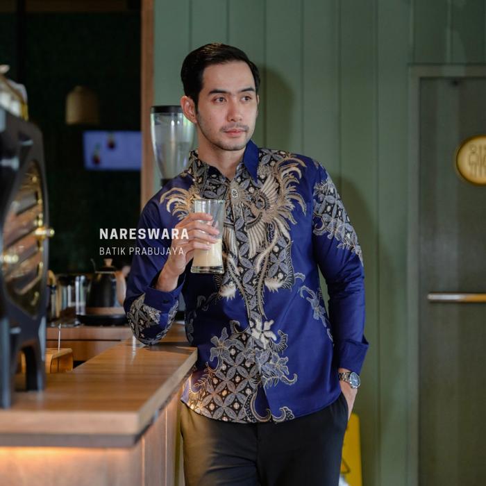 Rz - Kemeja Batik Pria Slimfit Modern Mewah Lengan Panjang Full Furing Katun Halus Biru Navi
