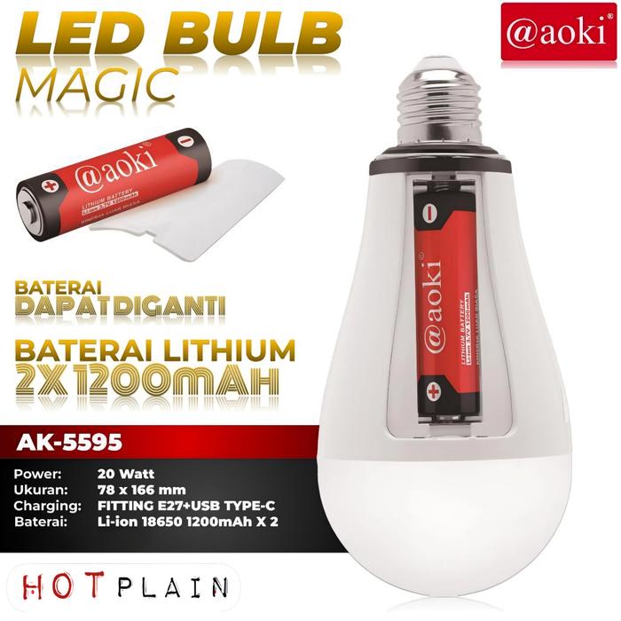 AOKI Lampu led bohlam magic emergency AD/DC 20w fitting on/off baterai dapat diganti AK 5595