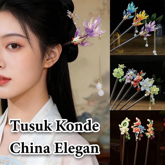 Tusuk Konde Kayu Cina Gaya Retro dengan Hiasan Rumbai