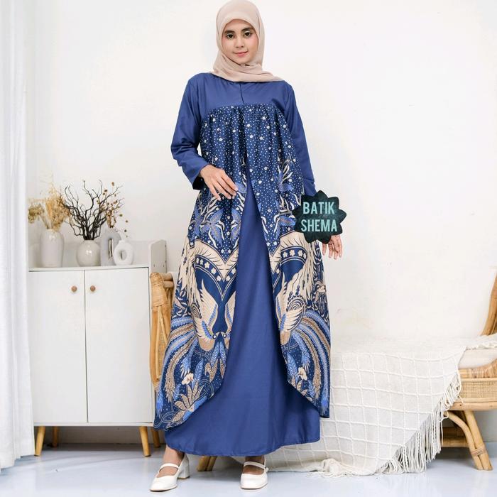 GAMIS BATIK KOMBINASI SOPAL GAMIS SABRINA REMPEL GARUDA BIRU NAVI Katun Polos Navy Kain Nyaman Musli
