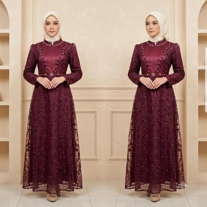 MARNIE Gamis Dress Tille Bordir Premium LD 110cm & 120cm Bahan Furing Hyget Seleting Depan Busui Fri