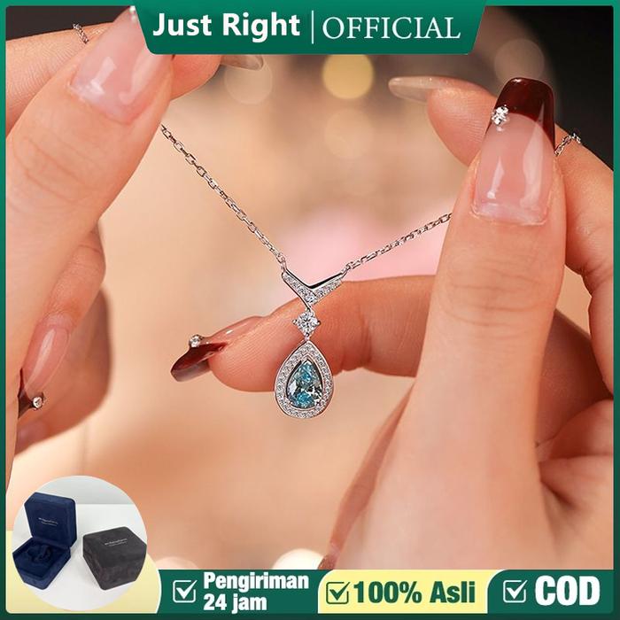 Kalung Leher Wanita Model Tetes Air Zirkon Biru Desain V Halo Perak Titanium Anti Karat Anti Alergi 