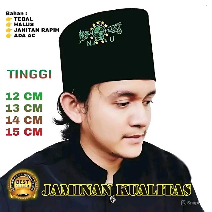 Peci Hitam Bordir NU Tinggi 12/13/14/15 cm - Merk Al Hasyim - Bahan Bludru Halus Berkualitas Premium