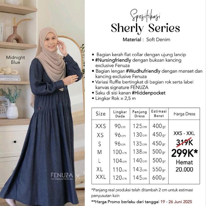 [Agen Resmi] Sherly Dress by Fenuza Muslim Wear Gamis Only Bahan Soft Denim Busui & Wudhu Friendly W