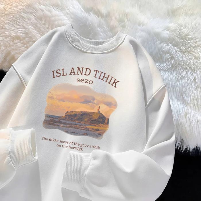 MARLACOEUR Hoodie Bulat Lembut Kulit Sweater Crewneck Oversize Wanita Pencetakan Digital Retro Style