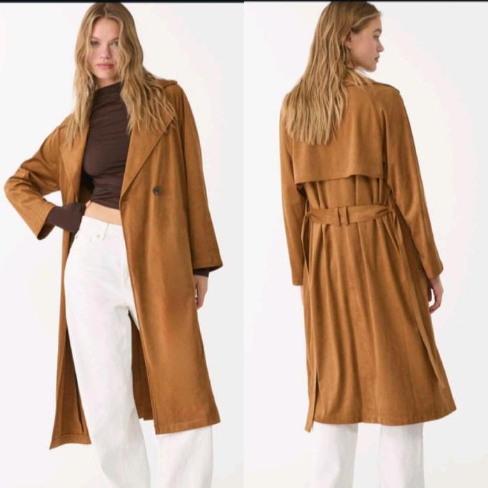 STRADIVARIUS MANTEL COAT JAKET FAUX SUEDE TRENCH COAT BROWN BARU ORIGINAL ASLI
