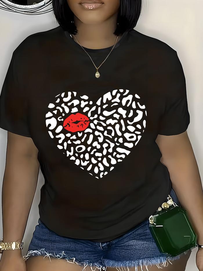 Camiseta Oversize de Talla Grande para Mujer - Estampado de Corazon Blanco y Rojo con Puntos Negros,