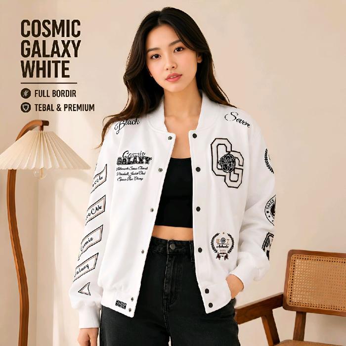 Varsity Jacket Full Cotton Cosmic Galaxy White Blackseven | Full Bordir Jaket Couple Pria Wanita Ori