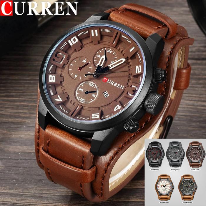 Jam Tangan Pria CURREN Anti Air Strap Kulit Dengan Tanggal Water Resistence Arloji Cowok Analog Chro