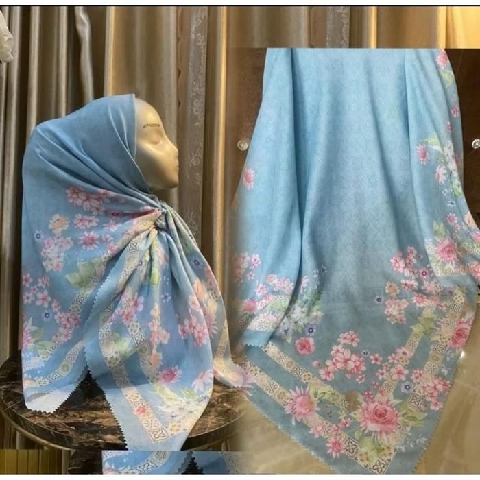 Hijab Segi Empat Voal Motif Bunga Larisa Warna Biru Wardah Kombi Pink Kode 214