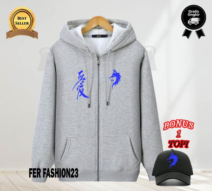 COD Bonus Topi Jaket Resleting China  Kirka Naga Text biru  Premium Pria\Wanita Distro Cotton Brand 