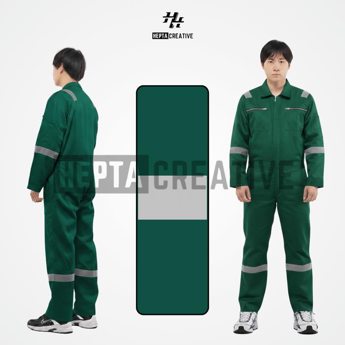 HEPTACREATIVE WEARPACK SAFETY HIJAU P3 COVERALL ATASAN DAN BAWAHAN MENYATU DENGAN 2 RESLETING DEPAN 