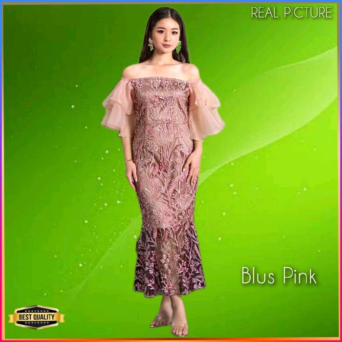 Baju Gaun Pesta Wanita TM067 Blouse Natal Tile Bordir Midi Dress Blus Pink