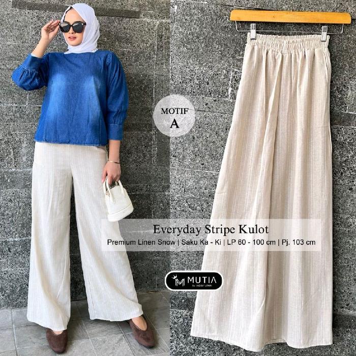 Everday Stripe Kulot Celana Panjang Wanita Bahan Premium Linen Snow Lp 100 cm