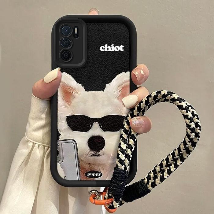 cesing hp oppo a16 A16e anak anjing yang lucu kacamata hitam kartun Model wanita Lanyard