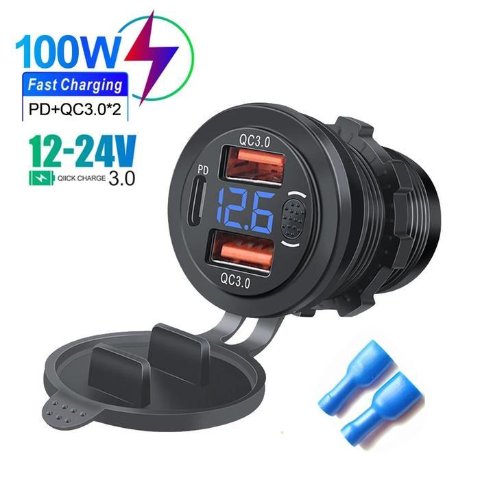 USB Charger TAMPILAN OEM Dasbor Dashboard 2 Port KOMBINASI TYPE-C & TYPE-A QC3.0 Mobil Motor - AD23 