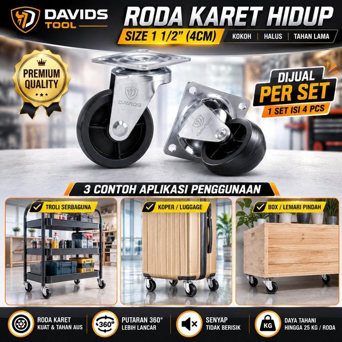 Roda troli lemari koper meja karet kecil 11/2 inchi