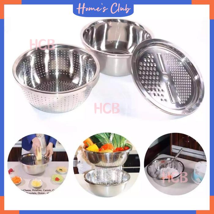 HCB Baskom Parut Stainless 1 Set 3 Pcs / Parutan Baskom 3In1 Stainless Steel / Tirisan Baskom Cuci S