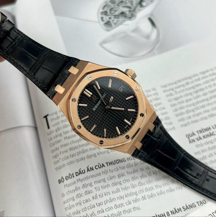 AP LETAHER SWISS Audemars  Oak 15500OR Watch Rose Gold Black Leather Strap 41mm