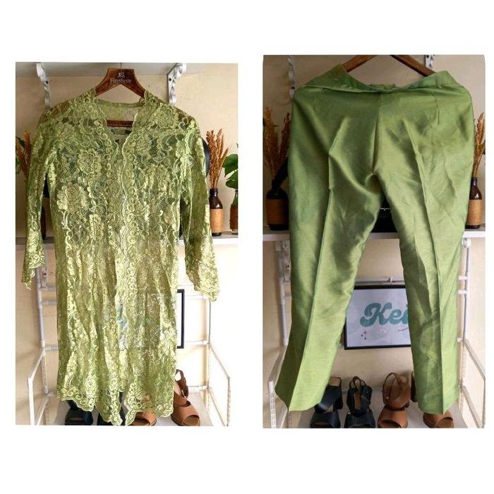 SET Kebaya Brukat dan Celana Santung Lime Green