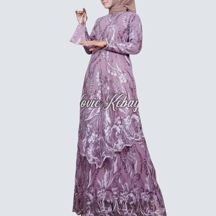 Gamis Muslim Wanita Elegan TINGKAT RUNCING CLAUDIA Bahan Tulle Twotone Warna Lilac Resleting Belakan