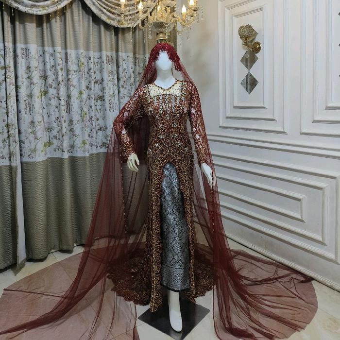 Kebaya Pengantin Akad Pernikahan Syari Full Payet Ekor Panjang berpuring Belakang resleting Dress G