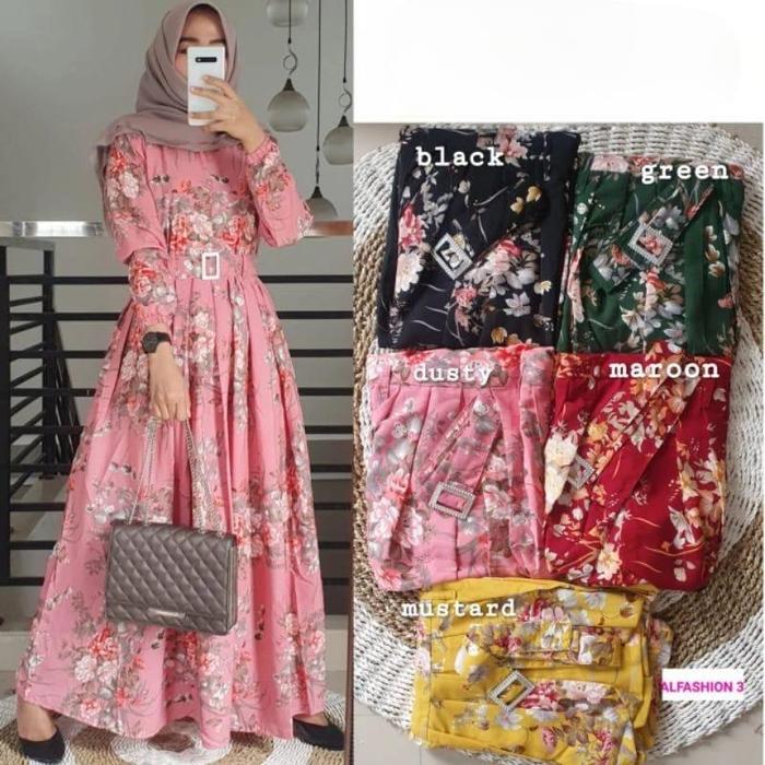 Arsyillaa store -Ania Maxy Dress Bahan Monalisa Gamis Floral Viral Baju Lebaran Motif Bunga Terbaru