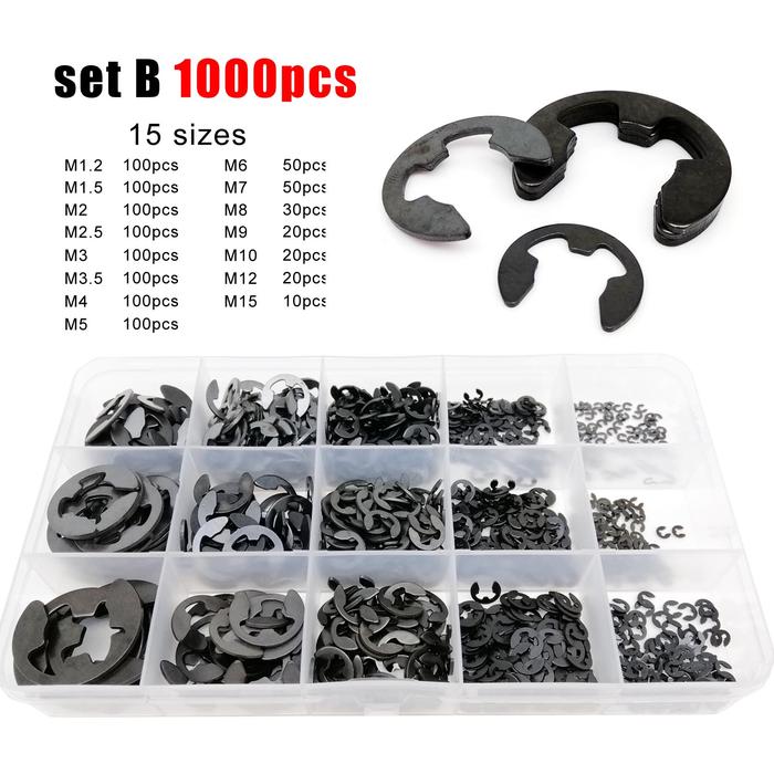 580/1000pcs Assortment Kit Set Box M1.2 to M15 Black Carbon Steel External Retaining Ring E Clip Sna