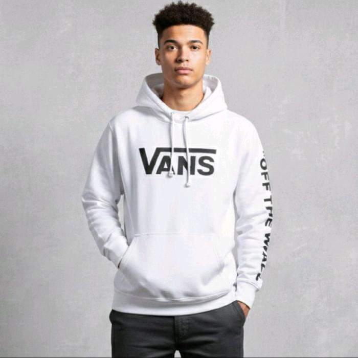 Vans Hoodie Pria Putih dengan Logo Hitam dan Desain Off The Wall - Jaket Hoodie Trendy dan Nyaman