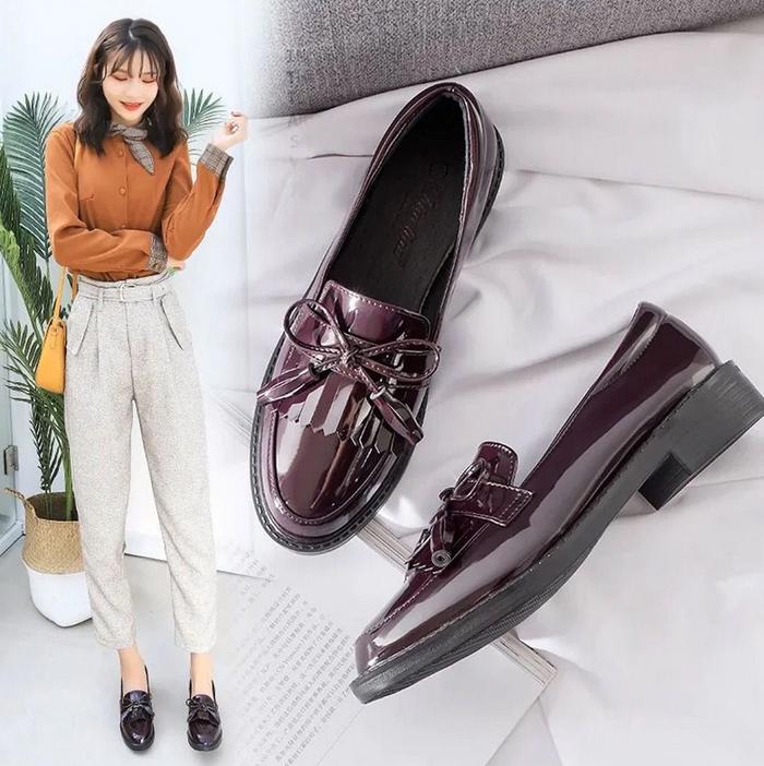 SEPATU FLAT SHOES WANITA MERAH MAROON GLOSY MENGKILAT GAYA KOREA OXFORD INDIAN KEKINIAN SEPATU CASUA