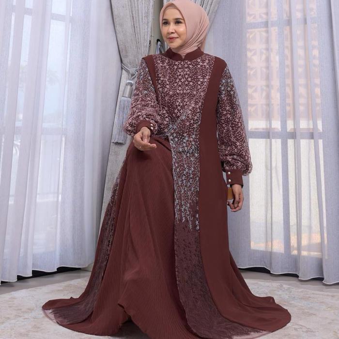 Kalyra Dres Marevi Gamis Brukat Marevi Original Muslim Wanita Syari Dress Lebaran Mewah Maxi Pesta L