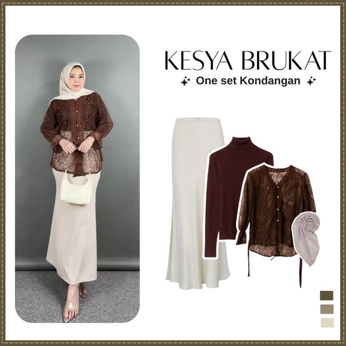 KESYA BRUKAT Outfit Kondangan Simpel Mahogany Kekinian Rok Duyung Manset Brukat Hijab SET TC-256 Bah