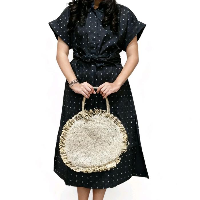 Dress Wanita Hitam Motif, Lengan Pendek, Dress 7/8, Bahan Cotton Poplin, Cocok untuk Gaya Casual