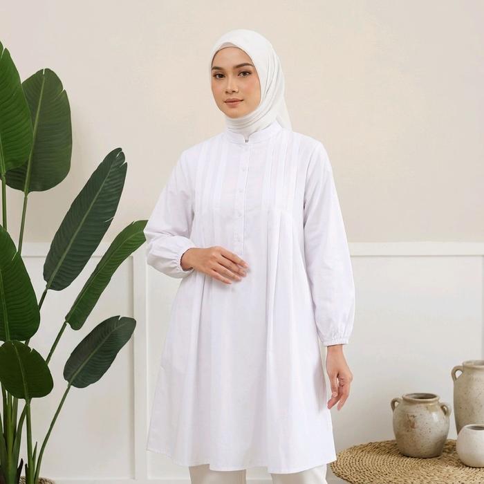 Tunik Wanita Muslimah Terbaru | Tunik Putih Elegan | Baju Muslimah Kekinian | Atasan Wanita Panjang