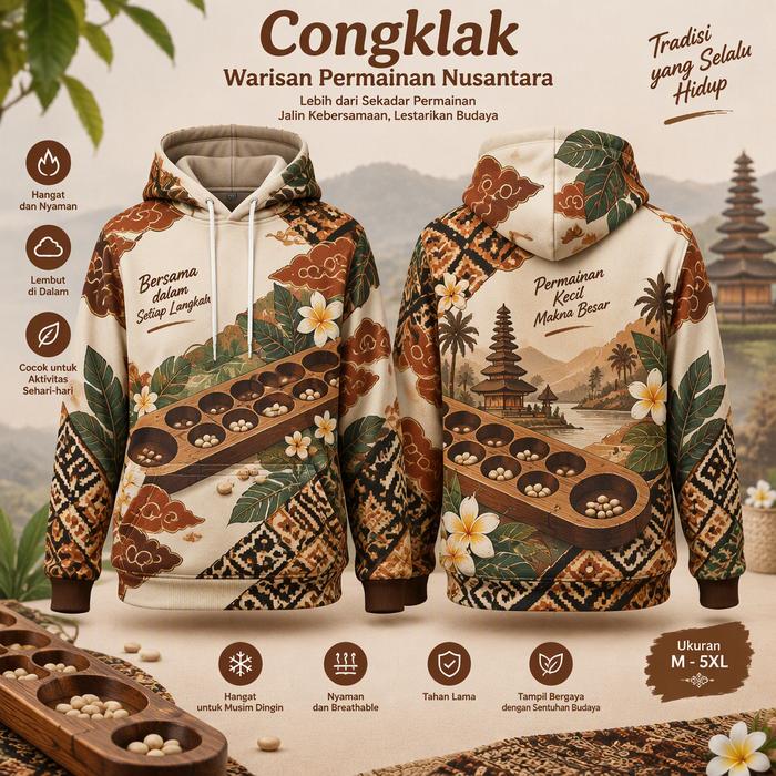 Hoodie Pria Wanita Motif Congklak Tradisional Nusantara, Gambar Papan Congklak, Bunga dan Pemandanga