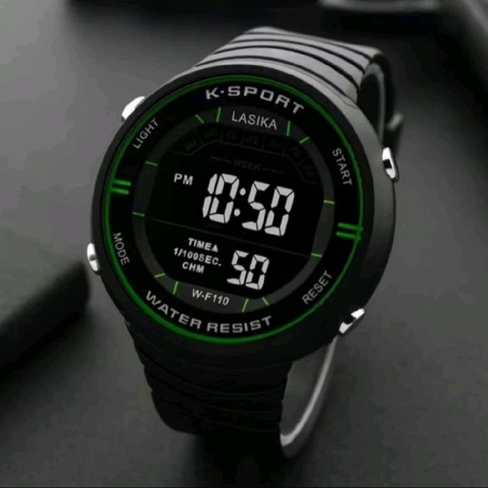 K-SPORT Jam Tangan Digital Lasika W-F110 Tahan Air dengan Layar Hijau dan Fitur Start/Reset