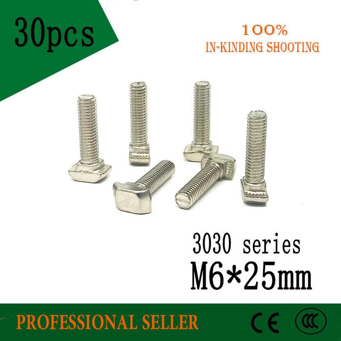 3030 Series M6*25mm 30pcs  Hammer Head T Bolt Screw Nickel Plated For