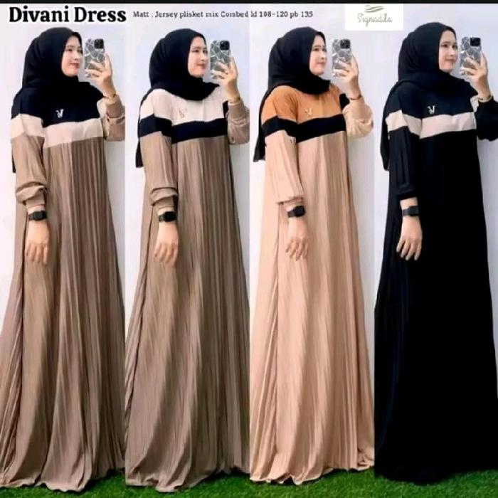 DIVANI DRESS BAHAN JERSEY PLISKET MIX KAOS COMBED Gamis Wanita Cantik
