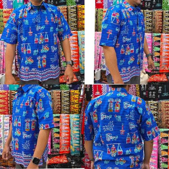 kemeja pendek batik Betawi ondel kode kerak telor biru