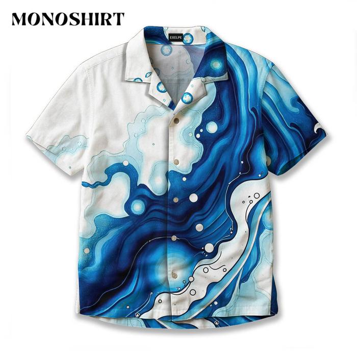 MONO Kemeja Fullprint Motif Ombak Laut Biru – Kemeja Unisex Lengan Pendek Elegan Stylish Lengan Pend